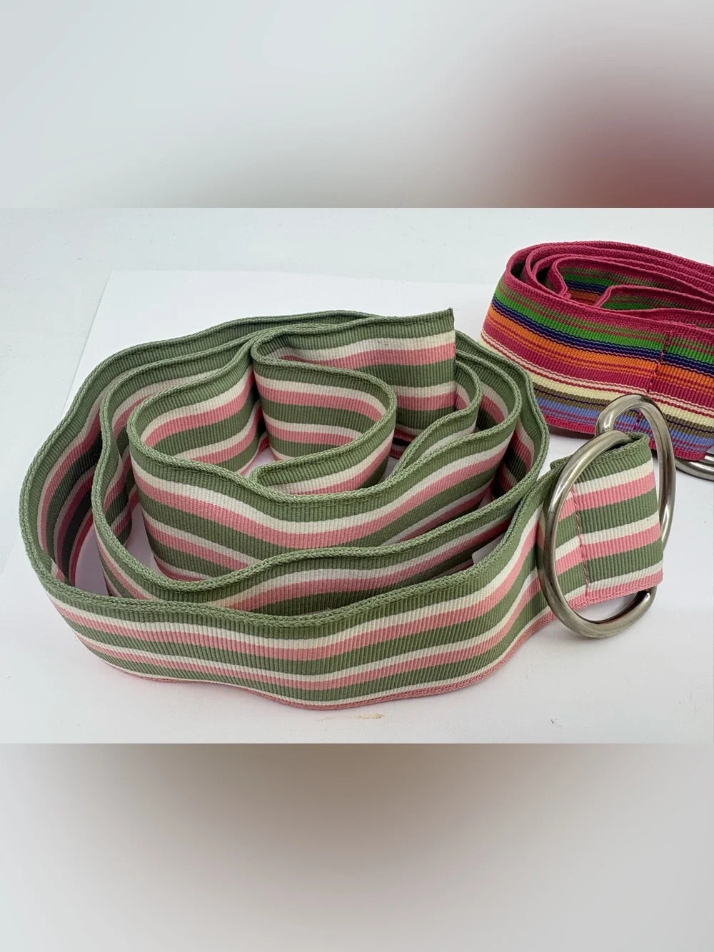 Striped Double-Ring Fabric Belt - Pink & Olive Green
